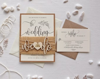 Rustic Wedding Invitations, Personalized Wooden Wedding Invitations, Unusual Semi Custom Wedding Invitations with rsvp, Invitation Suite