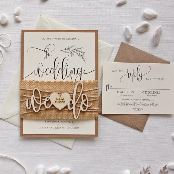 Rustic Wedding Invitations, Personalized Wooden Wedding Invitations, Unusual Semi Custom Wedding Invitations with rsvp, Invitation Suite