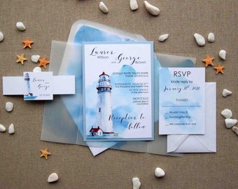 Watercolor Nautical Wedding Invitations, Semi-Custom Invitation, Personalized Blue Marriage Invitation Cards, Lighthouse Wedding Invitations