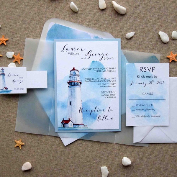 Watercolor Nautical Wedding Invitations, Semi-Custom Invitation, Personalized Blue Marriage Invitation Cards, Lighthouse Wedding Invitations