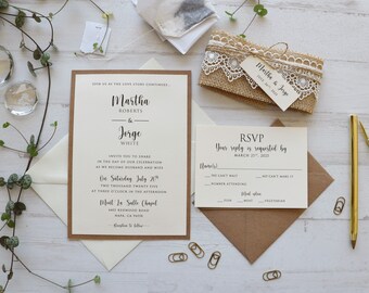 Rustic Lace Wedding Invite, Burlap and Lace Wedding Invitation Suite, Custom Wedding Invitation, Personalized Rustic Lace Wedding Invitation