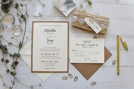 100 Personalized Rustic Burlap Heart Wedding Invitation Suite with Envelopes 