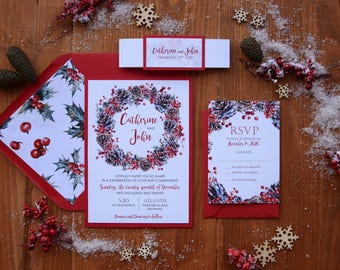 Christmas Wreath Wedding Invitation, Pine Cone Winter Wedding Invitation, Personalized Christmas Invites, Burgundy Wreath Invitations