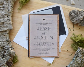 Vineyard Elegant Rustic Wedding Invitations, High-End Cork Wedding Invitations, Unique, Classic Black Wedding Invitations with cork sheet