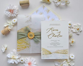 Douro Valley Wedding Invitation Suite, Romantic Portugal-inspired invitation suite with names in gold foil, personalized suite