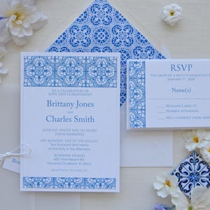 Verpackte blaue Fliesen-Hochzeitseinladung, portugiesische blaue Fliesen-Hochzeitseinladung, semi-individuelle Fliesen-Hochzeitseinladung, Ziel-Hochzeitseinladung