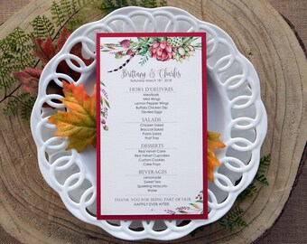 Tropical Wedding Dinner Menu, Colorful Menu, Raspberries Bridal Shower Menu, Burgundy Party Menu, Red Tropical Floral Party Menu - PACK of 5