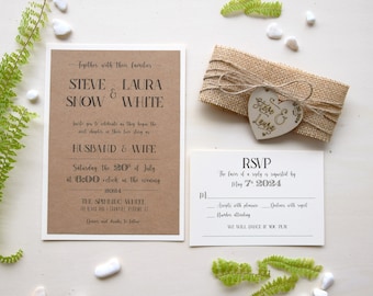 Personalized Rustic Wedding Invitations, Semi Custom Wood Wedding Invitations, Unique and Unusual Rustic Wedding Invitation suite with rsvp