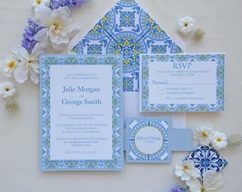 Blue and Yellow Tile Wedding Invitation, Portuguese Tile Wedding Invite, Semi-Custom Wedding Invitation, Personalized Portuguese Blue Tile