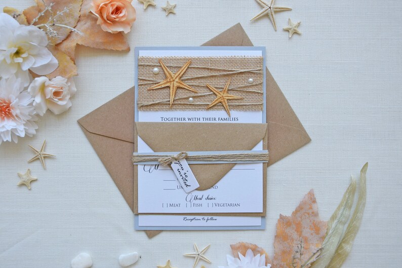 Semi-Custom Invitations, Beach Wedding Invitation Card, Rustic Destination Wedding Invitation, Unique Marriage Invitations, Starfish Invites image 3