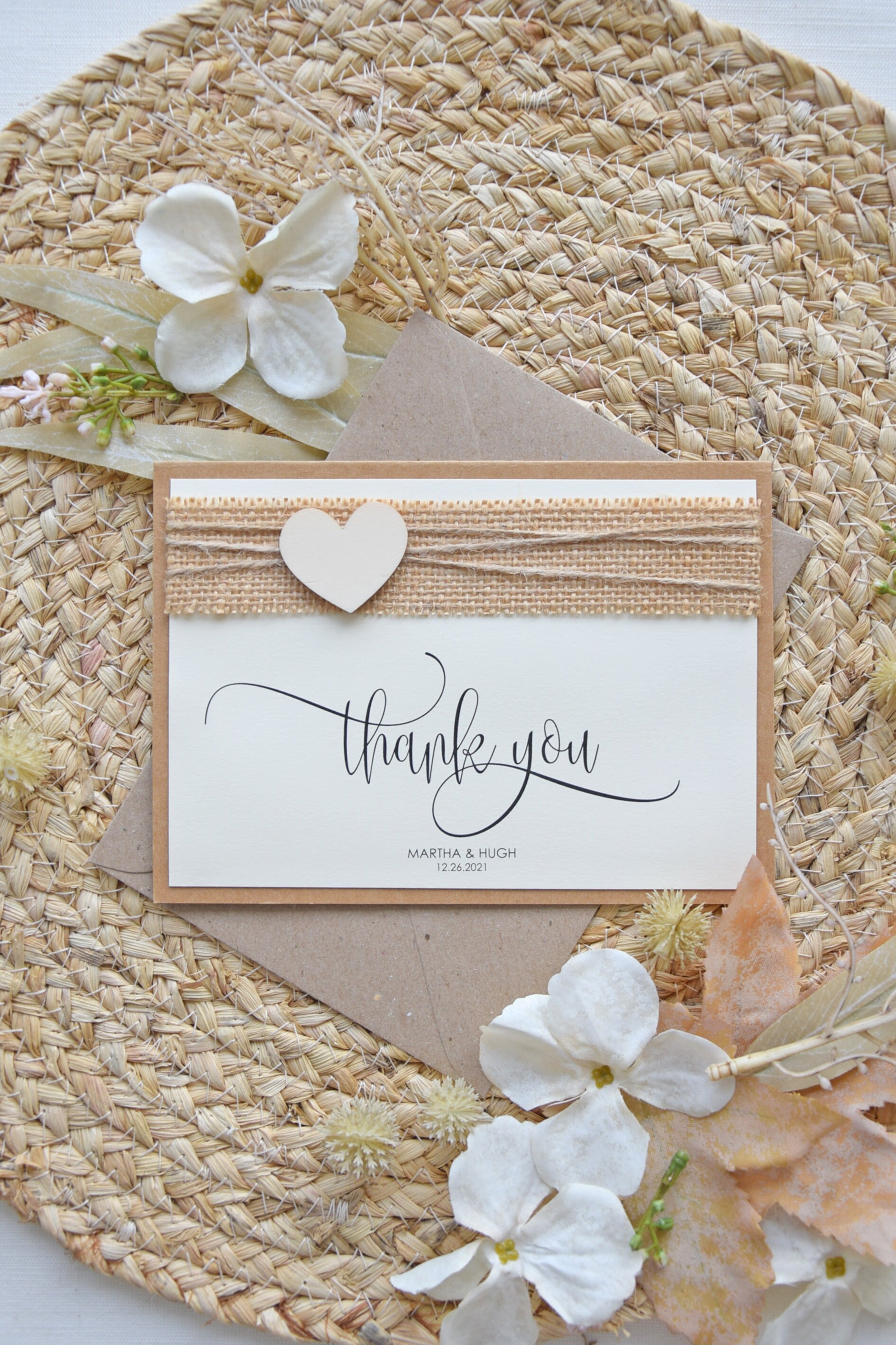 Rustic Thank You Card Folded, Heart Wedding Thank You Cards, Romantic ...