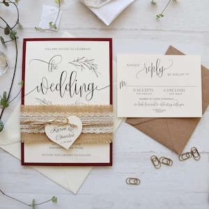 Fall Wedding Invitation, Burgundy Wedding Invitation Rustic, Autumn Wedding Invitation Suite, Personalized Rustic Lace Wedding Invites