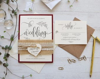 Fall Wedding Invitation, Burgundy Wedding Invitation Rustic, Autumn Wedding Invitation Kit, Personalized Rustic Lace Wedding Invites