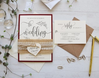 Fall Wedding Invitation, Burgundy Wedding Invitation Rustic, Autumn Wedding Invitation Suite, Personalized Rustic Lace Wedding Invites
