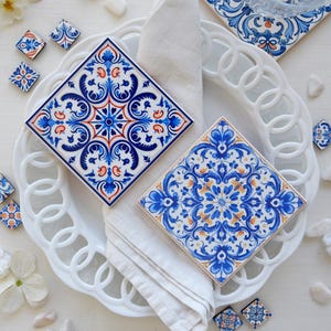 Set of 2 Portuguese Blue and Orange Tiles with Guest&#39;s Name, Lamego Collection Portuguese Tile for Place Cards, Favor or as Coaster