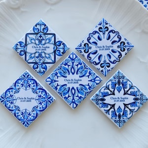 Juego de 5 azulejos azules magnéticos portugueses, azulejos azules personalizados para recuerdos de boda o evento, azulejos reales para una boda de destino