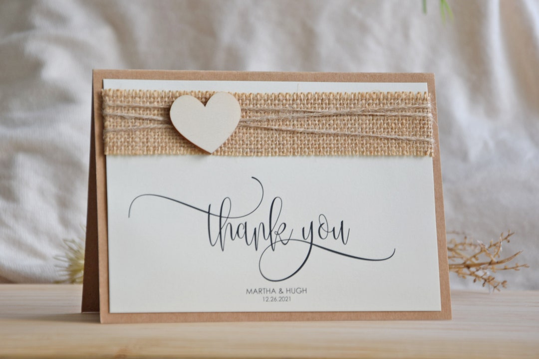 Rustic Thank You Card Folded, Heart Wedding Thank You Cards, Romantic ...