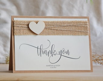 Rustic Thank You Card Folded, Heart Wedding Thank You Cards, Romantic Burlap Marriage Thank You Cards, Blank Folded Wedding Thank You Notes