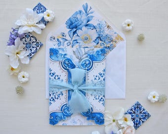 Carmelitas Suite – Tile Wedding Invitation Suite, Modern Blue Tile Wedding Invitations, Mediterranean Blue Tile Wedding Invitations