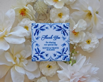 Amália Blue Tile Magnet – Portuguese Ceramic Favor with Personalized Wording for Wedding or Baptism, Azulejo, Handmade in Portugal