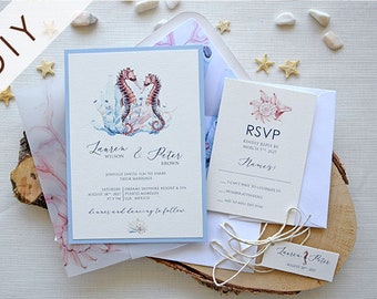 DIY Seahorse Beach Semi-Custom Wedding Invitations, Watercolor DIY Customized Wedding Invites, Beach Modern Elegant DIY Wedding Invite