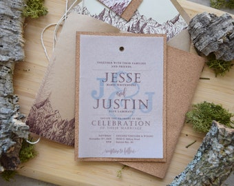 Unique Mountain Wedding Invitations with Monogram, Eco-friendly Rustic Wedding Invitations for Mountain lovers, Unique Cork Wedding Invite