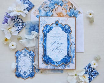Foz do Douro – Tile Wedding Invitation Suite, Colorful Portuguese-inspired Tile Wedding Invitation with 3 layers and personalized