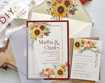 DIY Sunflower Semi-Custom Wedding Invitations, Fall DIY Customized Wedding Invites, Sunflower Modern Elegant DIY Wedding Invite