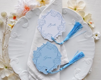 Twilight Bloom Place Card, Tassel Edition, Oval name place cards, Place Cards w/ Tassel, Place Card Blue Modern and Minimalist for events