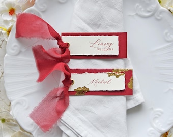 Orchad Grace Place Card, Deckled Edges Edition, Burgundy & Minimalist name card with or without foil - Wax Seal or Chiffon, Place Card Event