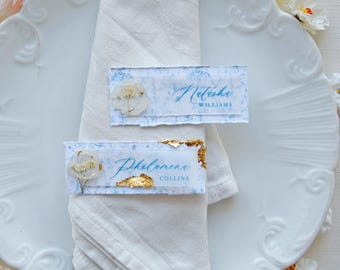 Larkspur Light Place Card, Wax Seal Edition - Unique Place Card with deckled edges for Events, Handmade Place Cards, Place Cards Blue