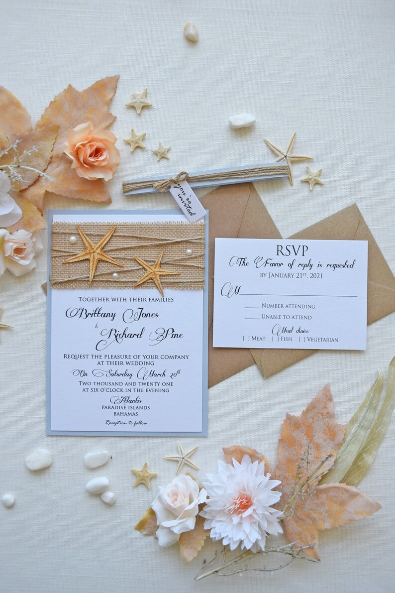 Semi-Custom Invitations, Beach Wedding Invitation Card, Rustic Destination Wedding Invitation, Unique Marriage Invitations, Starfish Invites image 4