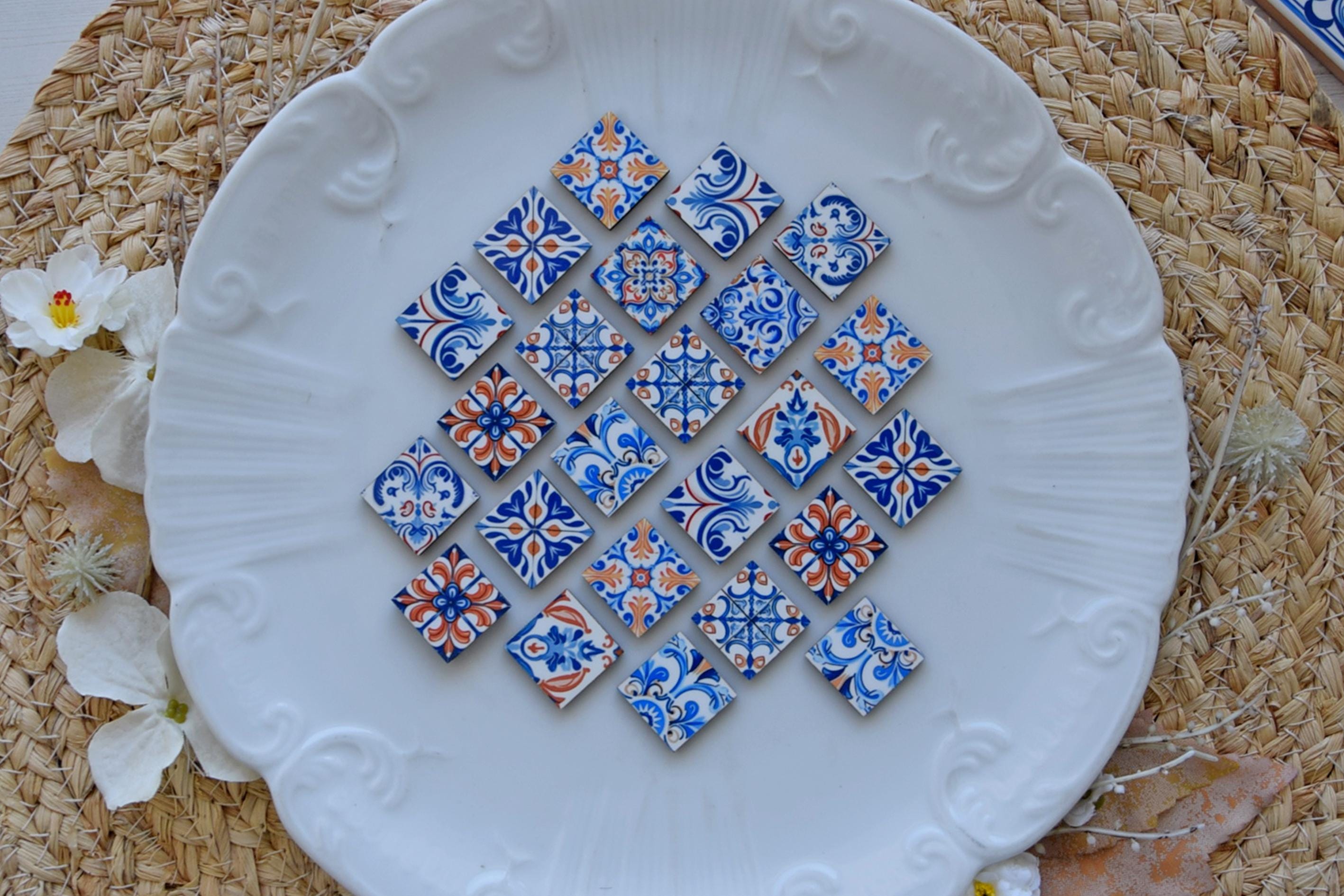 5 Wood Nostalgia Tiny Portuguese Favor Tile-pattern with a magnet, Blue and Orange Tiles perfect for gifts, wedding favors & decoration