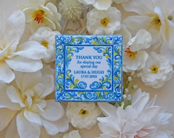 Lia Blue Tile Magnet – Portuguese Ceramic Favor with Personalized Wording for Wedding, Anniversary, Baptism, Azulejo, Handmade in Portugal