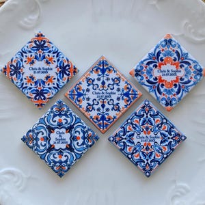 Ensemble de 5 tuiles bleues et orange de faveur d’aimant portugais, tuile bleue personnalisée pour le mariage ou l’événement, faveur de tuile pour un mariage de destination