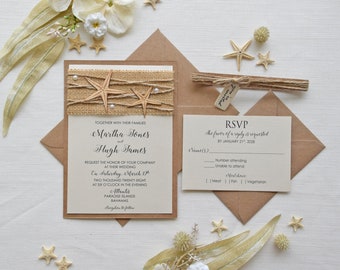 Rustic Beach Wedding Invitations, Beach Themed Wedding Invitations, Personalized Wedding Invitations with RSVP Cards, Rustic Invitations