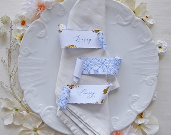 Fado Place Card, Scroll Edition, Minimalist name card with /without foil - Torn paper place cards, Place card modern with a tile pattern
