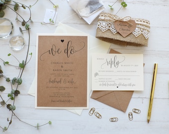 Einladung zur Hochzeit im Landhausstil, Einladung im rustikalen Spitzenstil, Hochzeitseinladungsset aus Jute und Spitze, personalisierte Hochzeitseinladung im rustikalen Spitzenstil