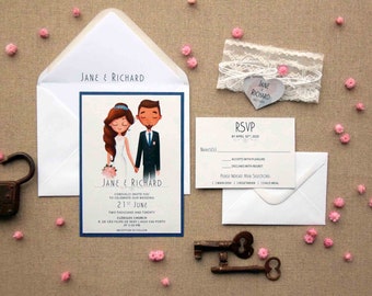 Personalized Lace Portrait Invites, Couple Wedding Invitations, Custom Portrait Wedding Invitations, Personalized Blue Marriage Invitations