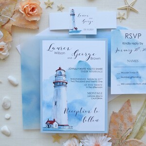 Watercolor Nautical Wedding Invitations, Semi-Custom Invitation, Personalized Blue Marriage Invitation Cards, Lighthouse Wedding Invitations