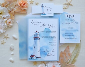 Watercolor Nautical Wedding Invitations, Semi-Custom Invitation, Personalized Blue Marriage Invitation Cards, Lighthouse Wedding Invitations