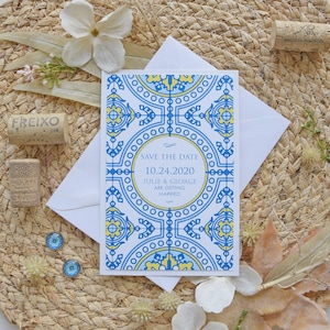 Blue and Yellow Tile Wedding Save The Dates, Lisbon Save The Date Wedding Cards, Tying the Knot Cards, Destination Wedding Save the Date