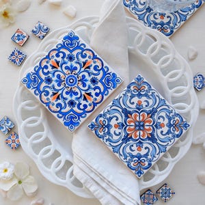 Set of 2 Portuguese Blue and Orange Tiles with Guest&#39;s Name, Aveiro Collection Portuguese Tile for Place Cards, Favor or as Coaster