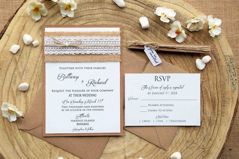 Burlap Wedding Invites Lace Wedding Invitation Rustic Lace Etsy