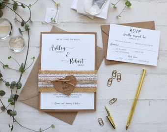 Rustikale Hochzeitseinladung mit Spitze, Schlichte Hochzeitseinladung, Individuelle Spitzeneinladung, Personalisierte Hochzeitseinladung, Einladungen zur Landhochzeit