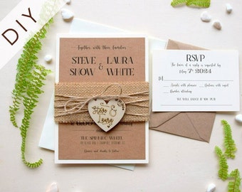 DIY Rustic Wedding Invitations with wooden heart, Country DIY Wedding Invites, Personalized DIY Unique Wedding Invitations, Customized