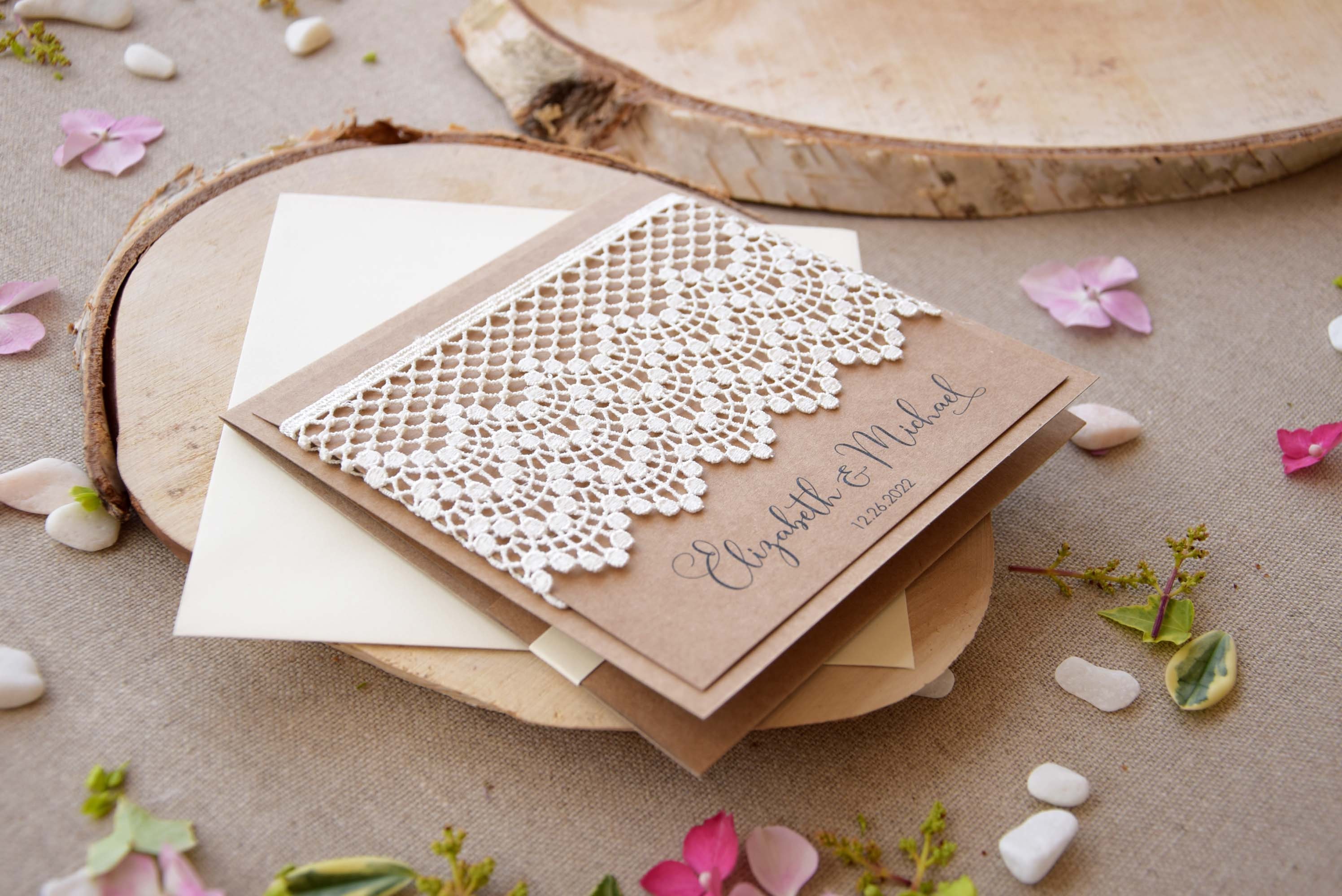 Rustic Wedding Invitations Lace Marriage Invitations Pocket Etsy