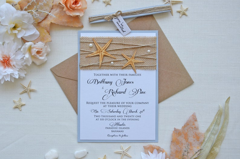 Semi-Custom Invitations, Beach Wedding Invitation Card, Rustic Destination Wedding Invitation, Unique Marriage Invitations, Starfish Invites image 2
