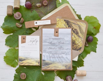 Rustic Wedding Invitations, Vineyard Rustic Wedding Invitations with cork, Unique Laser Cut Monogram Wedding Invite, Barnyard Invitations