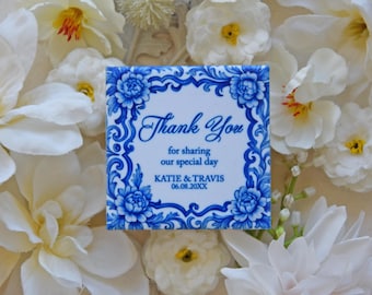 Tomás Blue Tile Magnet – Portuguese Ceramic Favor with Custom Wording for Wedding or Baptism, Handmade in Portugal